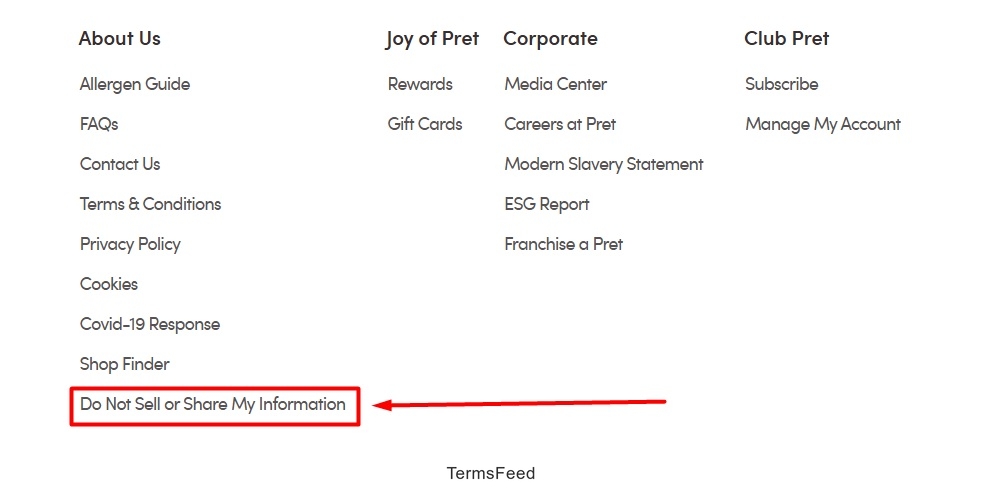 Pret home page with the Do Not Sell or Share My Information link in the footer
