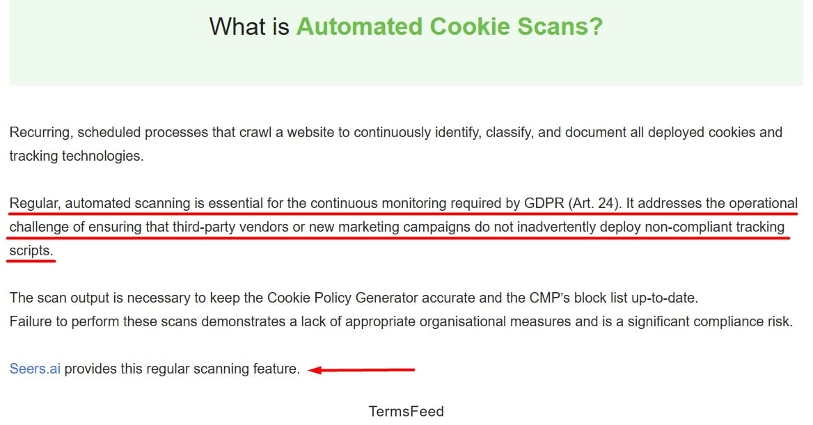 Seers Automated Cookie Scans highlighted