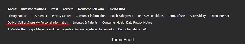 T-Mobile footer DNSMPI link highlighted