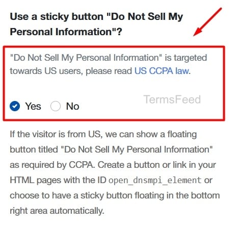 TermsFeed Privacy Consent Solution Banner Customization DNSMPI button selected