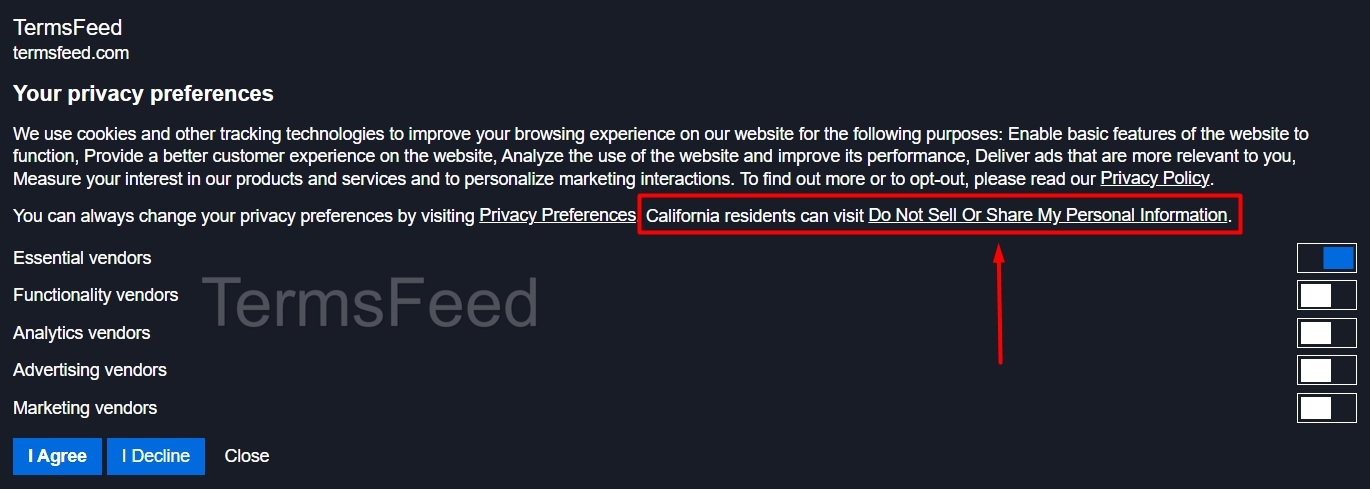 TermsFeed Privacy Consent Solution Banner DNSMPI link highlighted