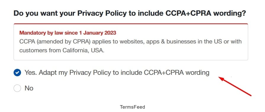 TermsFeed Privacy Policy Generator - CCPA clause highlighted