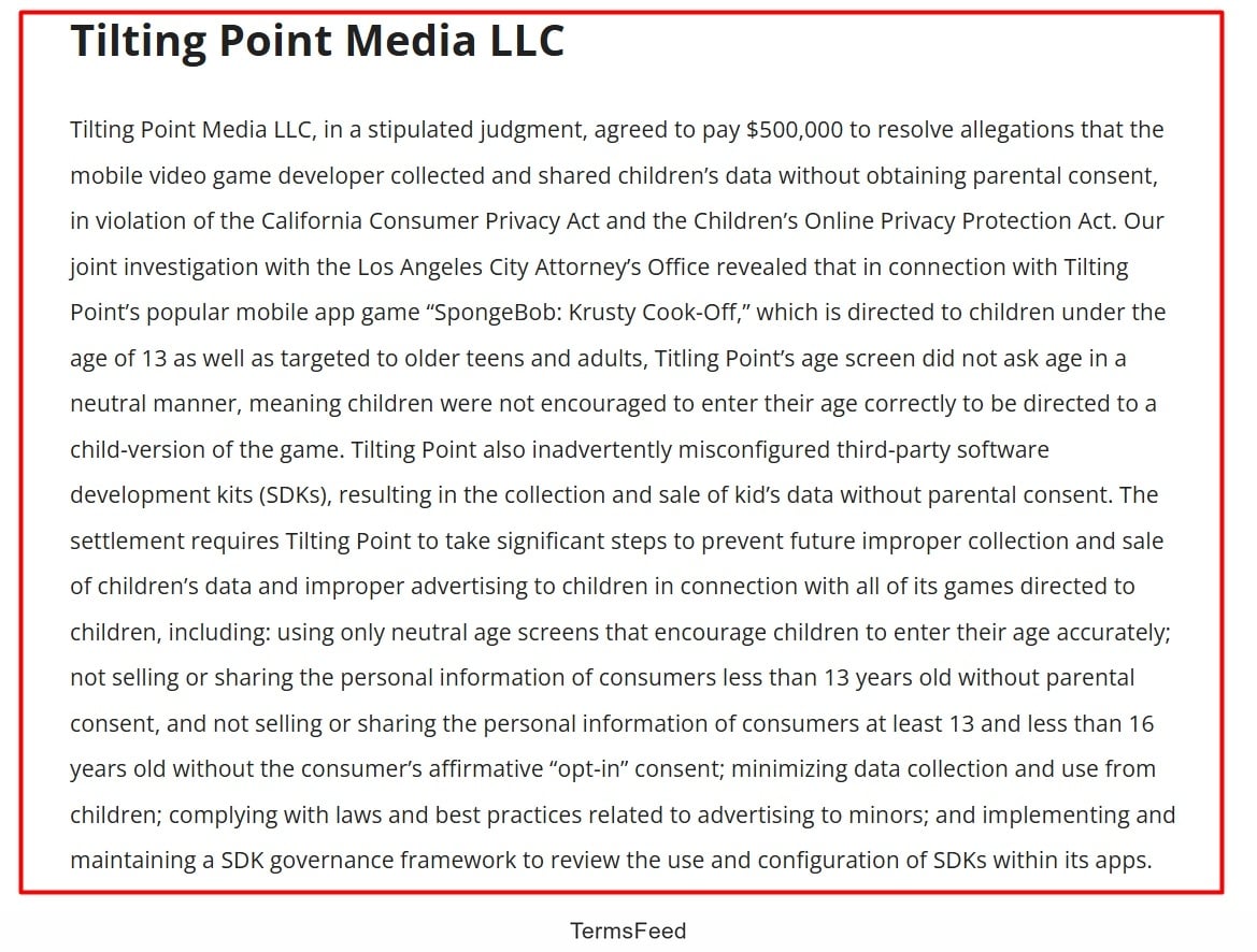 Tilting Point Media LLC - a settlement for illegally collecting and sharing data belonging to children