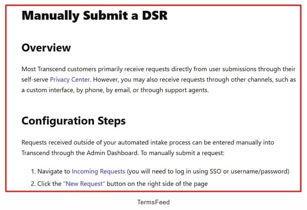 Transcend documentation - Manually submit a DSR excerpt