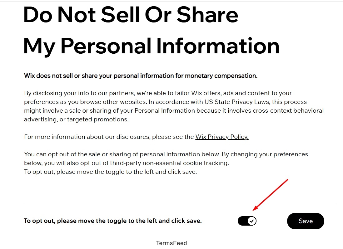 Wix Privacy - Do Not Sell or Share My Personal Information Page with toggle option highlighted