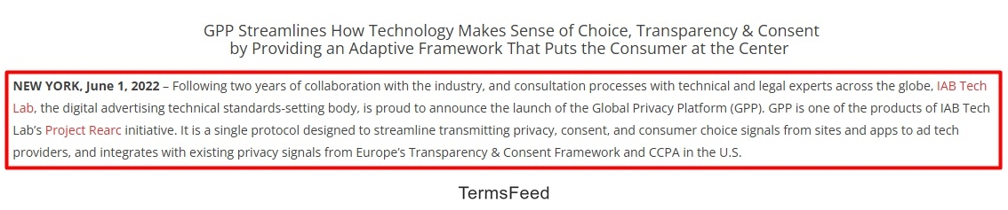 IAB Tech Lab - Launch GPP June 1, 2022 highlighted